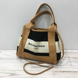 BALENCIAGA バレンシアガ ネイビー カバス キャンバス ボーダー 2WAY ハンドバッグ ショルダーバッグ[L9087]