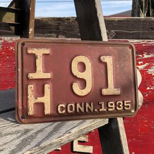 即決価格 30s CONN.1935 IH 91 ヴィンテージ ライセンス ナンバープレート / ガレージ シャビー インダストリアル ジャンク雑貨 看板