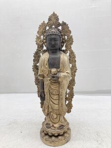 阿弥陀如来像 時代物 仏像 観音菩薩像 旧家品 仏教美術オブジェ 置物 古美術 金属工芸 彫刻 タテ9cm×ヨコ9cm×高さ28cm