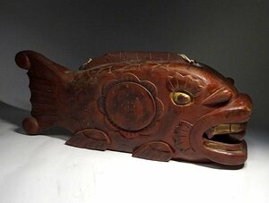 緑屋s■ 木彫　魚鼓　魚板　玉噛み　全長約60cm　時代物　　kc2/4-348/27-4#120