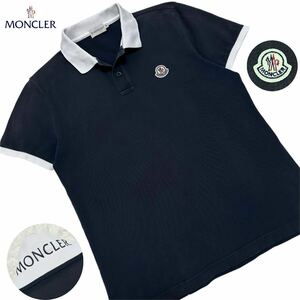 美品●MONCLER モンクレール マグリア 半袖 ポロシャツ ワッペン刺繍ロゴ 襟裏ロゴ ネイビー ホワイト M 正規品 メンズ 春夏 