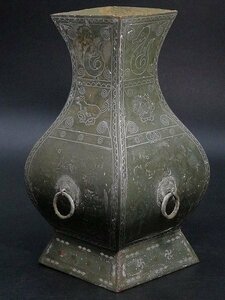 ▲80Z1361▲中国美術・古銅製象嵌獣文耳付四方型花瓶/花入・花器