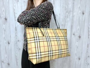 極美品 BURBERRY LONDON バーバリー ロンドン ノバチェック トートバッグ バッグ ナイロンキャンバス×レザー ベージュ 黒 A4可 69765