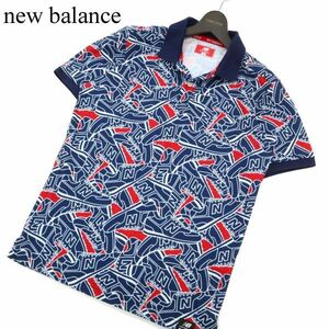 new balance ニューバランス 春夏 スニーカー 総柄★ 吸水速乾 半袖 ポロ シャツ Sz.4　メンズ 紺 ゴルフ スポーツ　C3T03488_4#A