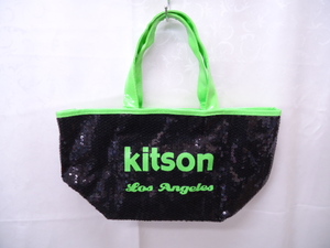 【KCM】kbn-3★未使用品★【Kitson/キットソン】スパンコールミニトートバッグ　ネオンカラー　約20×21×16　ブラック×グリーン
