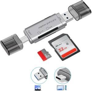 SDカードリーダー USB3.0 2-in-1 Type-C/USB メモリカードリーダー SD/TF同時読み書き 0TG機能 高速転送 超小型 設定不要