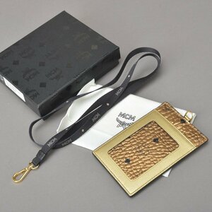 新品 非売品 MCM エムシーエム パスケース カードケース ネックストラップ付き ゴールド レザー IDケース 定期 ICカード レア ■k.g/k.e