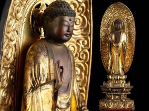 【流】仏教美術 時代 木彫鍍金阿弥陀如来 高43.5cm KV457