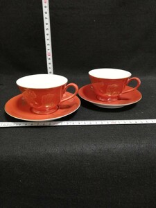 CS1153.アンティーク　Noritake ノリタケ　オールドノリタケ カップ ソーサー コーヒーカップ　ヤマキ印　朱塗り　金彩　ペア/60