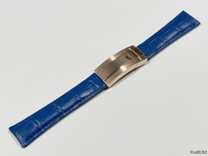 ラグ幅：20mm レザーベルト 腕時計ベルト カラー：ブルー ローズゴールド【ROLEX ロレックス対応 デイトジャスト サブマリーナ等に】