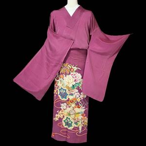 アンティーク 一つ紋 色留袖 単 単衣着物 着物 きもの 花車 リサイクル着物 kimono 中古 仕立て上がり 身丈156.5cm 裄丈63cm