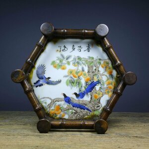 ◆古風堂◆中国 陶板画 皿 花梨木 花鳥 26.5cm26.5cm高6cm 重量：870g