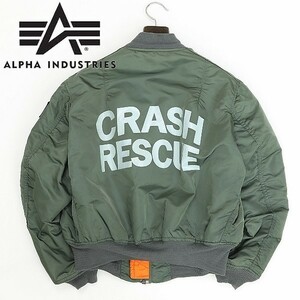 USA製◆ALPHA INDUSTRIES アルファ CRASH RESCUE バックプリント ワッペン付 MA-1 中綿 フライト ジャケット オリーブグリーン L