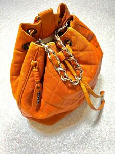 ◆CHANEL シャネル マトラッセ キャビアスキン レザー 巾着型 オレンジ