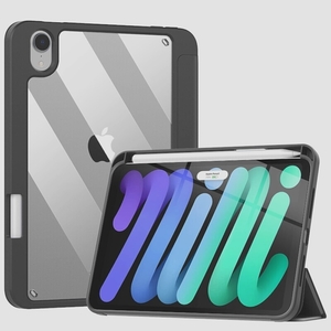 送料無料★iPad Mini6 ケース 第6世代 充電に対応 ペンシル収納 背面透明 三つ折り (Black)