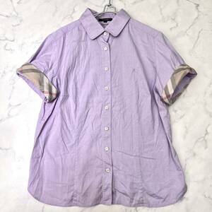 美品 バーバリーロンドン 半袖シャツ Yシャツ 46 ノバチェック レディースL〜XL 紫色 パープル ロゴボタン BURBERRY LONDON