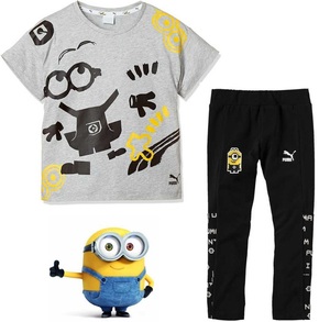 プーマ ミニオンズ コラボ キッズ 半袖Tシャツ＆ロングタイツ 128 グレー ブラック Minions 子供 ジュニア 女の子用 上下セット 送料370円