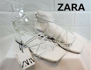 ZARA ザラ　TIED LEATHER FLAT SANDALS　レザー　フラット　アンクルストラップ　サンダル　白　36・23.5cm 新品