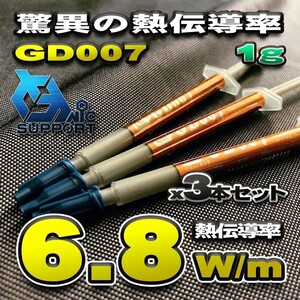 【GD007】驚異の熱伝導率 6.8W/m CPUグリス 1g GD007 超高性能 シリコン ヒートシンク x 3本