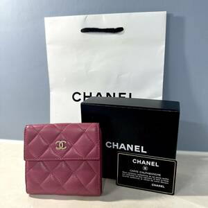 18 1円 CHANEL シャネル マトラッセ ラムスキン 二つ折り 財布 Wホック ココマーク ピンク