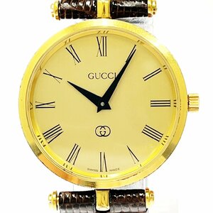 【1円スタート】GUCCI グッチ シェリーライン GP×革ベルト ゴールド文字盤 クオーツ ボーイズ腕時計 ジャンク 263027