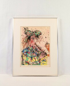 真作 渋谷栄一 銅版画「あるピエロ」画寸 27cm×36cm 北海道出身 日本版画協会会員 特徴のあるぐるぐるの黒い曲線が躍動感を与える 8926