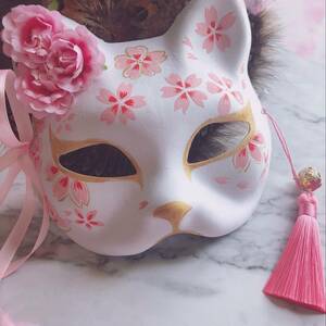 YJF017 女の子 猫 ネコ マスク 花柄 かわいい 正月 鈴 リボン コサージュ コスプレ 変装 変身 おめん タッセル