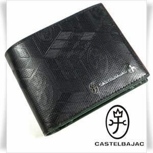 新品1円～★CASTELBAJAC カステルバジャック 箱付き 牛革 本革エンボスレザー 二つ折り財布 ウォレット 黒 タタン キャッシュレス ◆1337◆