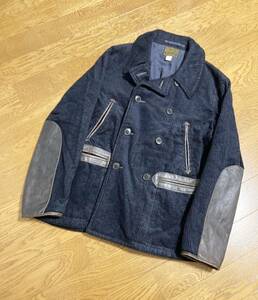 美品☆[RRL] 定価240,900 150着限定 Limited Edition 本藍染め レザー切替 インディゴ コーデュロイピーコート L 牛革 ダブルアールエル