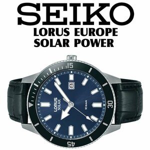 新品 逆輸入セイコーLORUS 電池交換不要ソーラーパワー 100m防水 ダークブルー 本革ベルト 腕時計 ヨーロッパ メンズ 激レア日本未発売