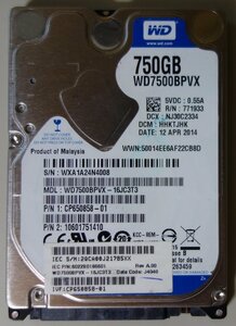3694 2.5インチ 内蔵SATAハードディスク 750GB 9.5mm 5400rpm WesternDigital WD7500BPVX-16JC3T3 Mac/Win 使用14742時間 正常