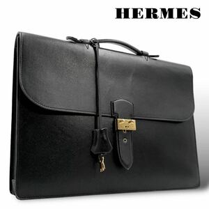 1円〜【希少 入手困難品】HERMES エルメス ブリーフケース ビジネスバッグ サックアデペッシュ 38 ボックスカーフ ブラック 黒 鍵付 メンズ