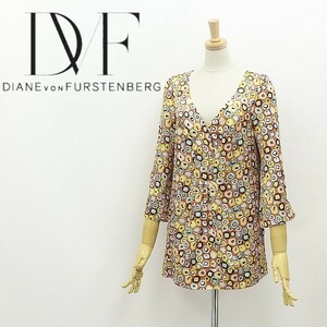 ◆DIANE von FURSTENBERG ダイアンフォンファステンバーグ シルク100％ 総柄 サイドスリット 七分袖 フレアスリーブ チュニック トップス 2