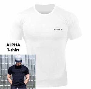 【M-size】ALPHA II Tシャツ ホワイト/筋トレ/スポーツ/wear/メンズ/ゴールド/ダンベル/ジム/トレーニング/gym/タンクトップ/shark/HMB