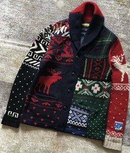 異次元のセンス ホリデーシーズン クリスマスカラー ★ RUGBY RALPH LAUREN ★ パッチワーク柄 雪柄 ショールカラー ニット カーディガン