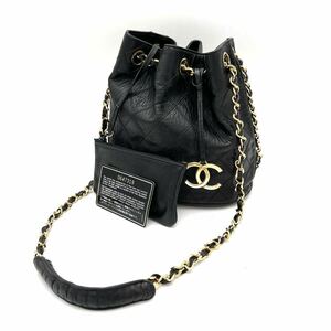 1円 美品 CHANEL シャネル ビコローレ ココマーク チャーム 巾着 ポーチ付 レザー チェーン ショルダー バッグ dD0375N