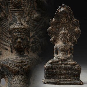 JK302 時代 銅製 タイ仏「ナーガの上の仏陀坐像」高9.8cm 重110g・佛像・釈迦如来坐像・釋迦牟尼佛像