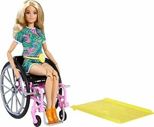 バービーファッショニスタ人形 第165弾 車椅子＆ロングブロンドヘア トロピカルロンパース、オレンジシューズ、レモンファニーパック着用