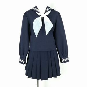 1円 セーラー服 ミニスカート スカーフ 上下3点セット 冬物 白3本線 女子 学生服 中学 高校 紺 制服 中古 ランクC NA4204