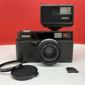 □ KONICA HEXAR black コンパクトフィルムカメラ 35mm F2.0 動作確認済 シャッター、露出計OK ストロボ コニカ