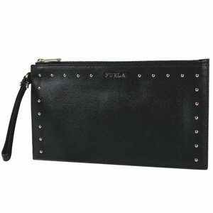 フルラ Furla ロゴ ポーチ 小物入れ クラッチバッグ アクセサリーポーチ レザー ブラック レディース 【中古】