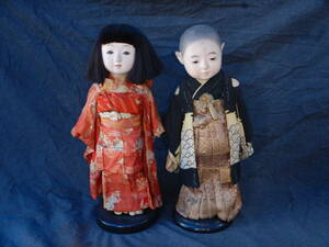 アンティーク 時もの 市松人形 日本人形 男の子 女の子：梅月 人毛 昭和初期頃 和服人形 戦前 和骨董 ドール 2体