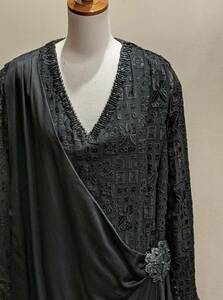 フランスアンティーク10’sフレンチジェット装飾シルクドレス/ヨーロッパヴィンテージビーズ刺繍ワンピース衣装着物ルックΓSD