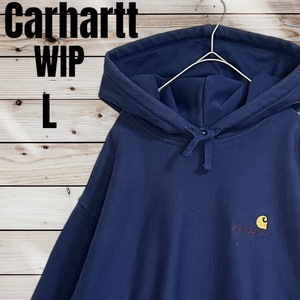 【人気デザイン】Carhartt WIP カーハート Ｌ プルオーバーパーカー ワンポイント刺 ネイビー 紺 ワークインプログレス ビッグシルエット