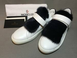 新品 本物 モンクレール MONCLER ミンク ファー レザー スニーカー 37 白 ホワイト ネイビー 革靴 本革 ブーツ シューズ ロゴ