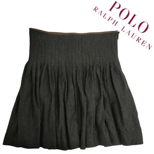POLO RALPH LAUREN / ポロラルフローレン プリーツミニフレアスカート 150/68Aサイズ グレーウール × レザー 薄手 I-3869