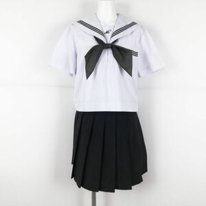 1円 セーラー服 ミニスカート スカーフ 上下3点セット 夏物 黒3本線 女子 学生服 兵庫灘中学 白 制服 中古 ランクB NA0733