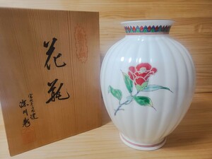 [未使用] 深川製磁★白磁手彩花柄文花瓶★ 薔薇 バラばら 高さ26.5cm★02K-66