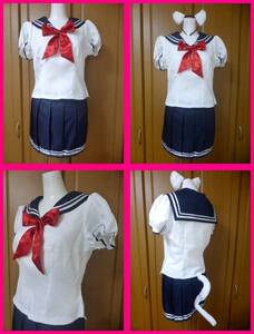 送料無料【新品】セーラー服上下5点セットM　半袖/プリーツ/猫グッズ　ボディライン/BODYLINE学生服女子高生JKコスプレ衣装ハロウィン仮装