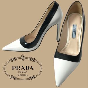 j108 PRADA プラダ レザー パンプス バイカラー ハイヒール ホワイト ブラック 36 イタリア製 正規品 フォーマル レディース